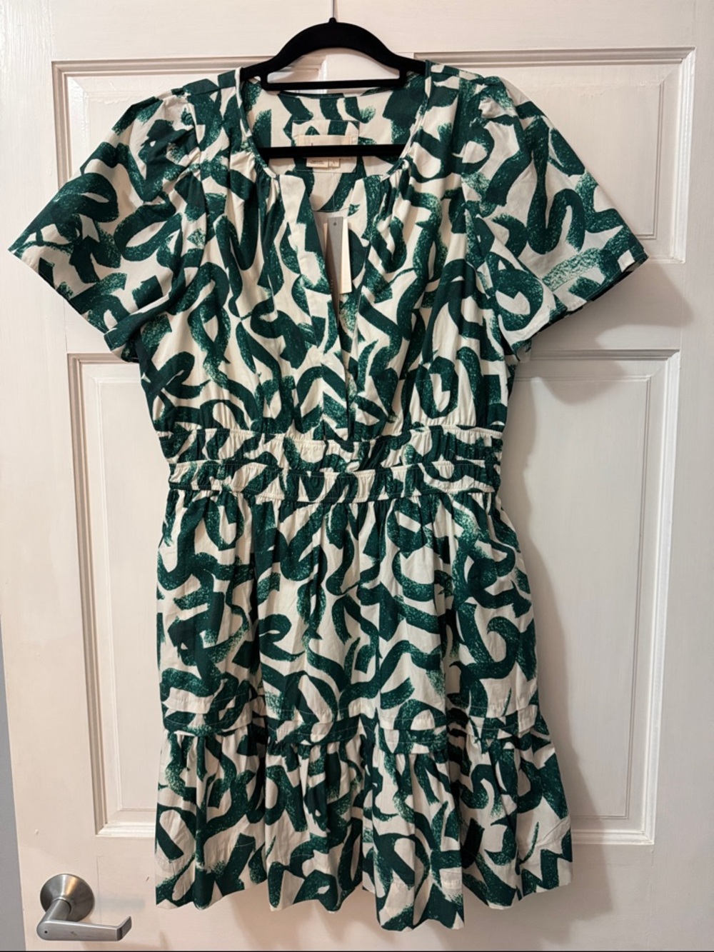 Anthropologie Green and White Abstract Print Mini Dress